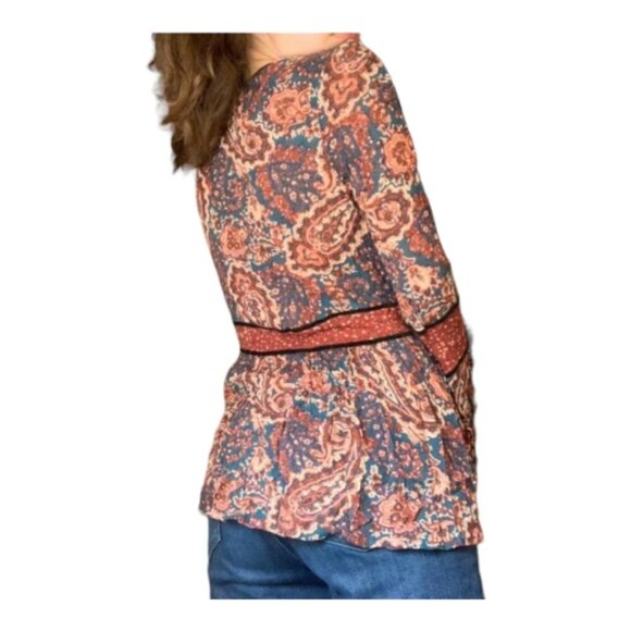 American Eagle Rustic colored Boho Retro Paisley Print Long Bell Sleeve Blouse M - Picture 3 of 16